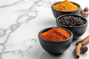 Various spices in bowls on marble. The photo is perfect for illustrating a recipe, food blog, or spice advertisement.