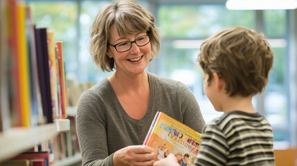 Smiling female librarian helping a child find a book, patient and knowledgeable. Libraries, educational programs, literacy campaigns.
