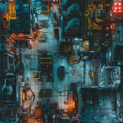 High-Tech Cyberpunk Battle Map for DnD, Top-Down Sci-Fi Map for Tabletop Role-Playing Games, Futuristic Urban Adventure Background, Virtual Tabletop Resource for Dark Cityscapes and Neon-Lit Environme