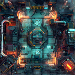 High-Tech Cyberpunk Battle Map for DnD, Top-Down Sci-Fi Map for Tabletop Role-Playing Games, Futuristic Urban Adventure Background, Virtual Tabletop Resource for Dark Cityscapes and Neon-Lit Environme