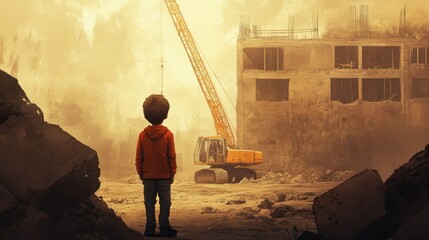 Fototapeta premium A Young Boy Stands Amidst the Ruins of a Destroyed Building