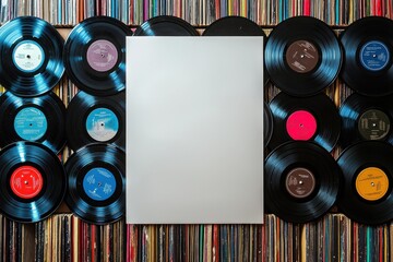 Vinyl records arranged around a blank canvas
