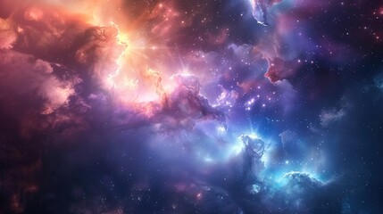 Naklejka premium Illustration of a space cosmic background of supernova nebula and stars, glowing mysterious universe