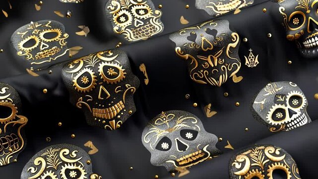 Elegant golden sugar skulls pattern on luxurious black fabric