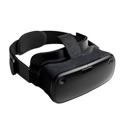 A black virtual reality headset isolated on a clean white background.
