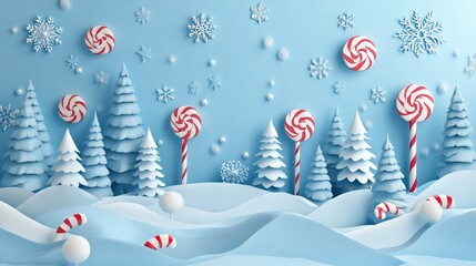 Pastel-colored Christmas candy land with snowflakes, trees, and candies in a 3D paper art style. AI generated image