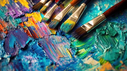 Obraz premium Bright paint splashes decorate a palette while brushes lie ready on a canvas, capturing a moment in an artist’s creative process. Generative AI