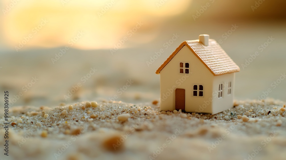 Wall mural a small white house model sits on a sandy beach with a sunset in the background.