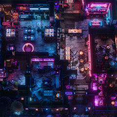 High-Tech Cyberpunk Battle Map for DnD, Top-Down Sci-Fi Map for Tabletop Role-Playing Games, Futuristic Urban Adventure Background, Virtual Tabletop Resource for Dark Cityscapes and Neon-Lit Environme