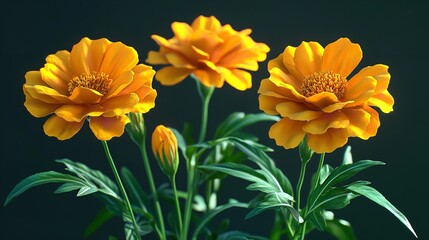Fototapeta premium Beautifully blooming orange Tagetes / Marigoldflowers close up macro against black background