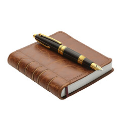 A classic leather-bound notebook with a luxurious pen resting on top, perfect for notes and reflections.