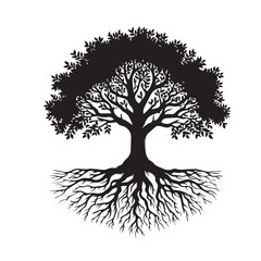 Tree silhouette. Big tree vector silhouette design. Tree with root vector illustration. Tree logo, icon black and white.