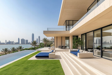 Obraz premium A modern, contemporary villa in Dubai, with beige walls and blue accents, featuring an outdoor area overlooking the sea with lush green grass and lounge seating near a pool, under a clear sky.