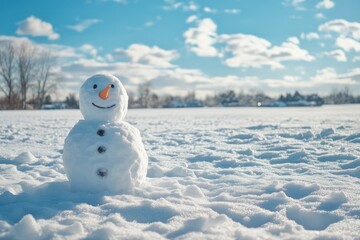 Fototapeta premium A Smiling Snowman Standing in a Snowy Field Under a Blue Sky