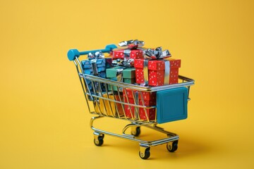 Colorful gift-wrapped presents in a shopping cart