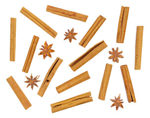 Set cinnamon sticks and star anise seeds isolated on white background, top view