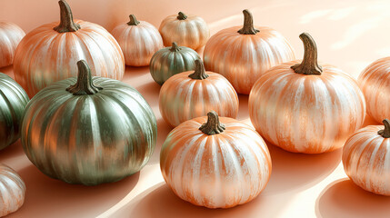 Autumn pastel color pumpkins arrangement on a background, wallpaper