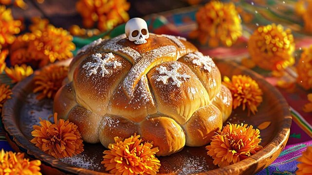 Traditional mexican pan de muerto with marigolds for dia de los muertos celebration
