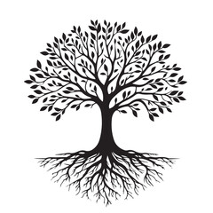 Tree silhouette. Big tree vector silhouette design. Tree with root vector illustration. Tree logo, icon black and white.