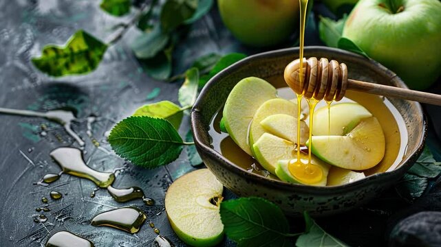 Honey drizzling over fresh apple slices amidst green leaves
