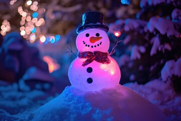 Obraz premium Luminous Snowman with a Red Scarf in a Snowy Setting