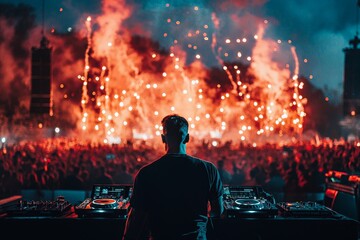 DJ Mixing at Outdoor Festival During Night