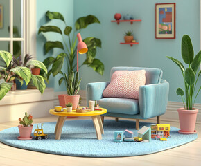 Bright and Cozy Family Living Room with Vibrant Colors and Lush Plants