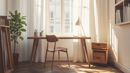 Minimalist workspace with a wooden desk, simple chair, and a single lamp near a window. Bright sunlight enhances the calm, organized feel of the space