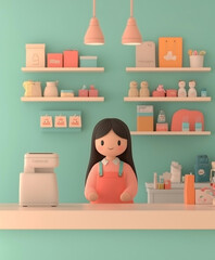 Cheerful Animated Storekeeper in Pastel Boutique with Neatly Arranged Items