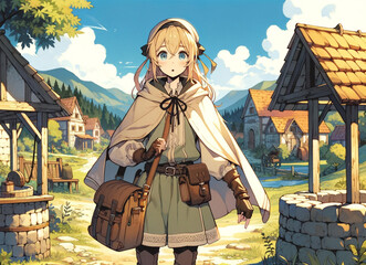 Blonde anime girl in a medieval village setting with travel gear and a cape