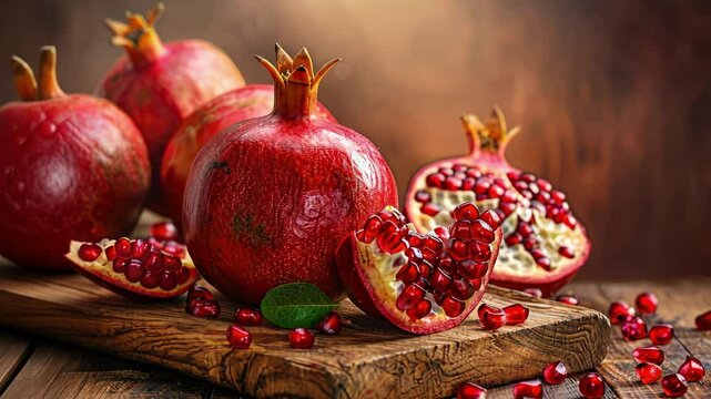 Fresh pomegranates on rustic wooden board with vibrant red seeds and warm lighting