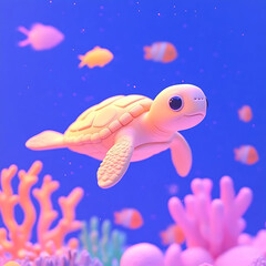 Curious Baby Sea Turtle in a Serene Coral Reef