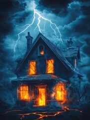 A haunted house illuminated by eerie orange flames, contrasted against a dark stormy sky with striking lightning bolts, creating a chilling atmosphere.