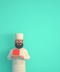 Cartoon Chef with Sunglasses Holding a Red Tablet on Bright Turquoise Background