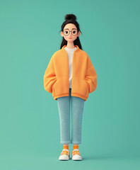 Stylized Cartoon Character in Bright Orange Hoodie and Glasses Against Teal Background
