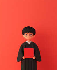 Cheerful Young Graduate Holding Diploma Against Red Background