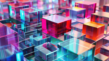 close up horizontal illustration of colorful glowing transparent geometric structure background