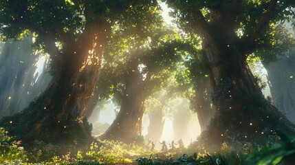 Silhouetted figures dance in a mystical forest with glowing particles