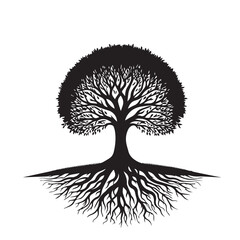 Tree silhouette. Big tree vector silhouette design. Tree with root vector illustration. Tree logo, icon black and white.