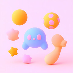Whimsical 3D Playful Scene with Cute Blue Ghost and Colorful Objects