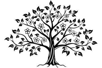 Obraz premium Elegant Black Silhouette of a Flourishing Tree with Flowers and Leaves