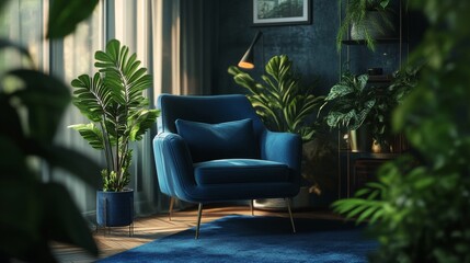 Elegant blue armchair and plants create a cozy living room atmosphere. The interior design features shades of blue and greenery, making it a stylish and inviting space.