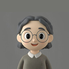 Cheerful 3D Female Character with Grey Hair and Round Glasses in Casual Attire, Illuminated with Soft Lighting