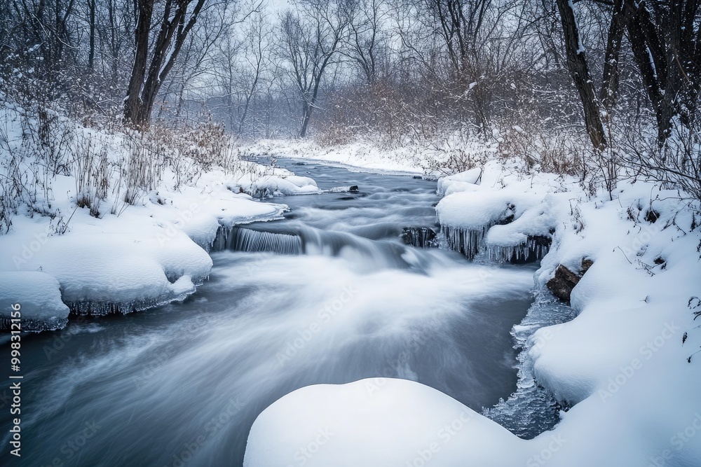 Wall mural Winter Stream Flowing Through Snow-Covered Forest