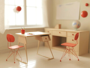 Cheerful Children's Study Area with Sunlit Beige Desk, Red Chair, and Playful Decor