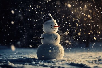 Snowman Standing in Snow with Falling Snowflakes