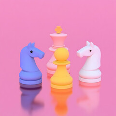 Stylized Chess Set with Pink King, Blue and White Knights, and Bold Yellow Pawn on Vibrant Pink Background