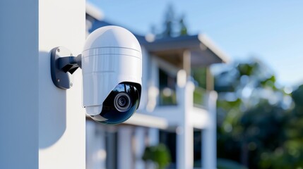 Security camera mounted on a wall, blurred modern house background.