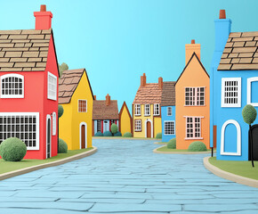 Colorful Cartoon Village, A Charming Street Lined with Playful Houses