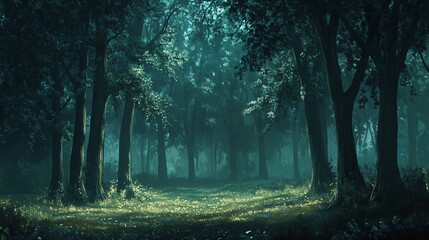 Fototapeta premium A path through a dark, mysterious forest, illuminated by a soft, ethereal glow.